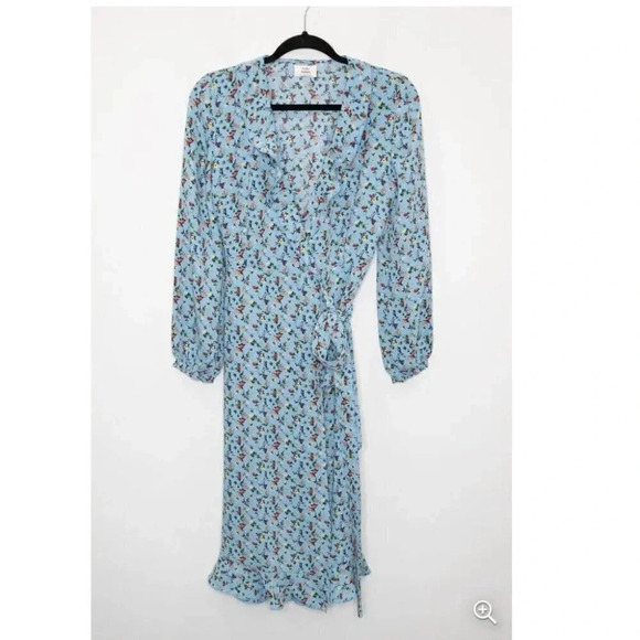 Aritzia Little Moon Elm Blue Floral Wrap Midi Dress Cottagecore Prairie Ruffles - Picture 6 of 8